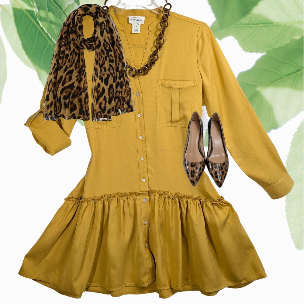 FOR‎ THE REPUBLIC Sz L Tencel Lyocell Shirt Dress Tiered Ruffle Hem Long Sleeve